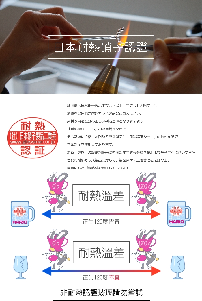耐熱日耐熱硝子認證社団法人日本硝子製品工業会(以下「工業会略寸本消費者皆様が耐熱ガラス製品のご購入に際し、素材や用途区分の正しい判断基準となりますよう、「耐熱認証氵」の運用規定、(社)日本硝子製品工業会その基準に合格した耐熱ガラス製品に 「耐熱認証シール」の貼付を認証www.glassman.or.jp認証HARIOする制度を運用しております。ある一定以上の設備規模基準を満たす工業会会員企業および生産工程において生産された耐熱ガラス製品に対して、 製品素材 工程管理を確認の上、申請にもとづき貼付を認証しております。耐熱溫差正負120度皆宜120耐熱溫差正負120度不宜非耐熱認證玻璃請勿嘗試認証DHARIO
