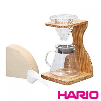 【HARIO】V60玻璃濾杯木架咖啡壺組 / VSS-1206-OV
